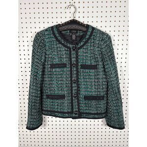 J Crew Blazer Women Tweed Fanfare Peackock Green Wool Blend Lined Metal Button s